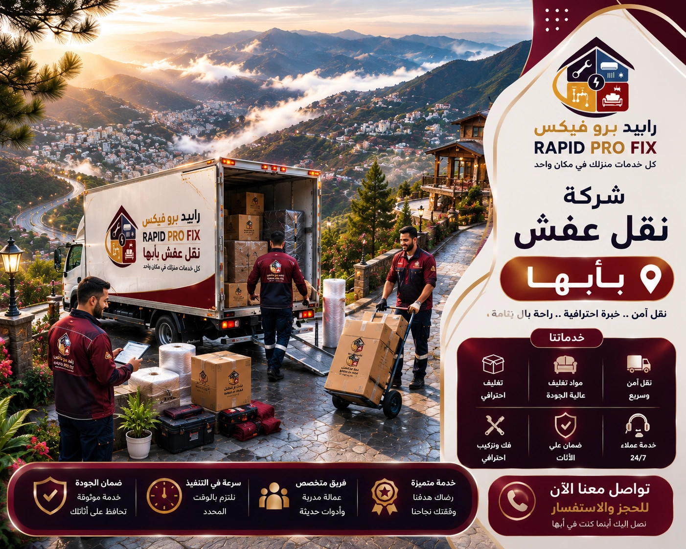 شركة نقل عفش بأبها تقدم خدمات متكاملة لنقل الأثاث السكني والتجاري مع التغليف الاحترافي والفك والتركيب ونقل الشقق والفلل والمكاتب بواسطة فرق متخصصة وسيارات مجهزة للحفاظ على جميع المنقولات.