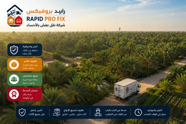 شركة نقل عفش بالأحساء تقدم خدمات متكاملة لنقل الأثاث السكني والتجاري مع التغليف الاحترافي والفك والتركيب ونقل الشقق والفلل والمكاتب بواسطة فرق متخصصة وسيارات مجهزة للحفاظ على جميع المنقولات.