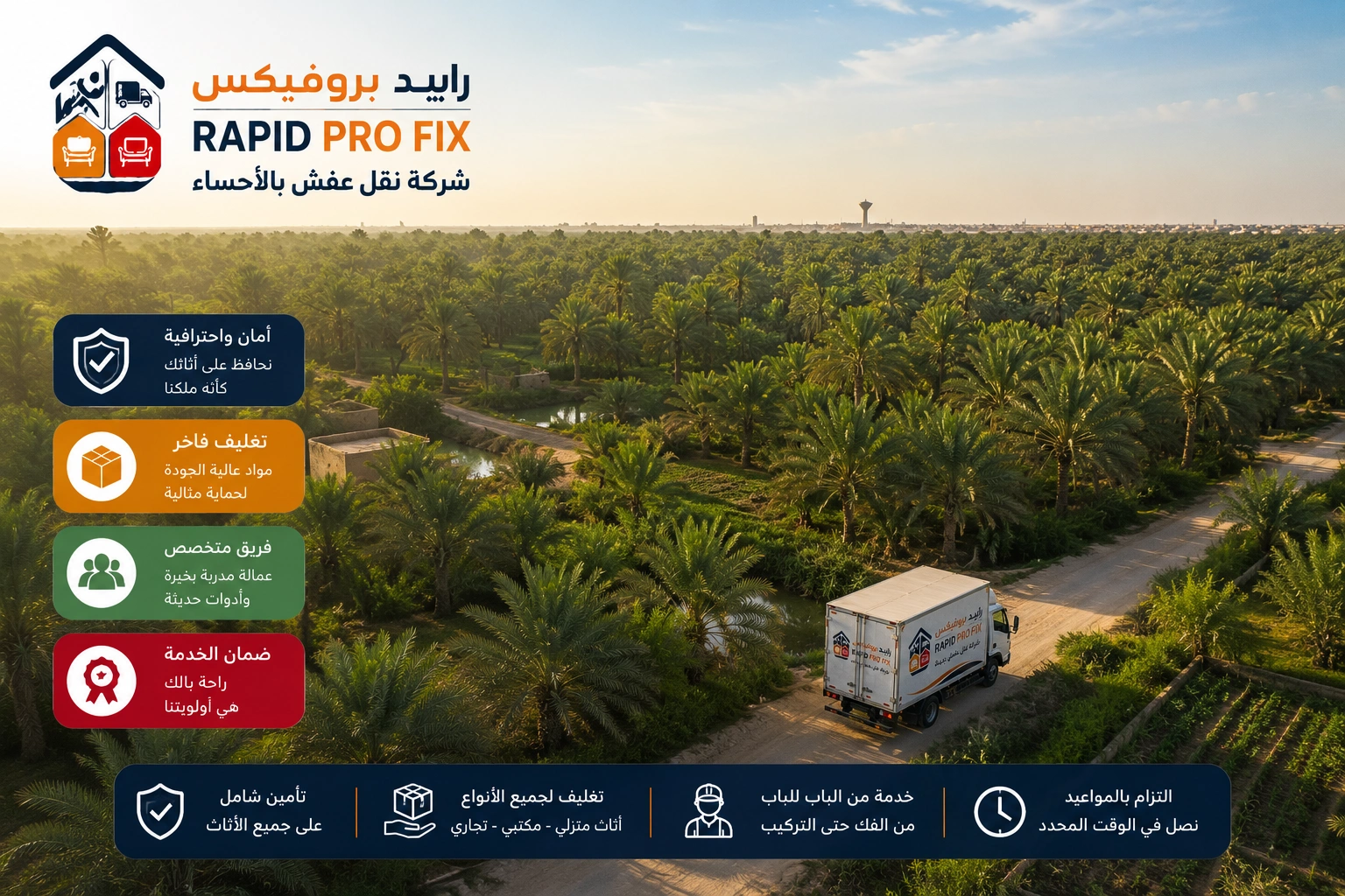 شركة نقل عفش بالأحساء تقدم خدمات متكاملة لنقل الأثاث السكني والتجاري مع التغليف الاحترافي والفك والتركيب ونقل الشقق والفلل والمكاتب بواسطة فرق متخصصة وسيارات مجهزة للحفاظ على جميع المنقولات.