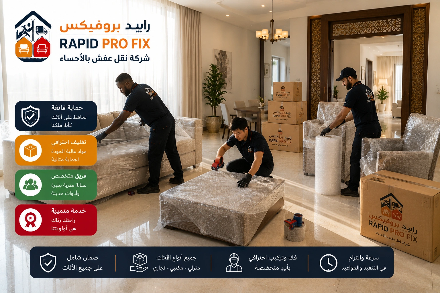 خدمات تغليف الأثاث بالأحساء باستخدام مواد حماية عالية الجودة للحفاظ على الأثاث والأجهزة المنزلية والمقتنيات الحساسة أثناء النقل والتركيب.