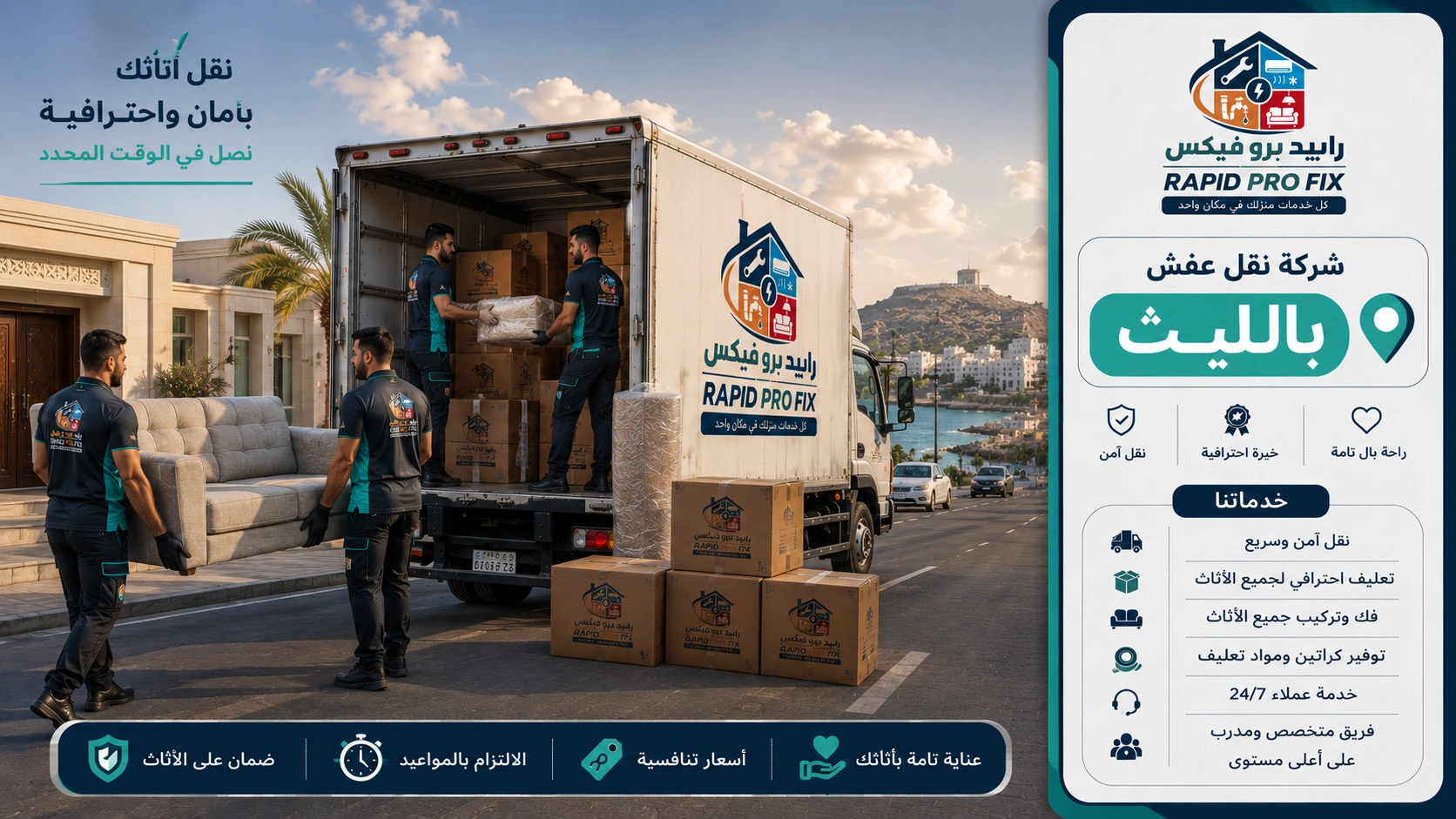 شركة نقل عفش بالليث تقدم خدمات متكاملة لنقل الأثاث السكني والتجاري مع التغليف الاحترافي والفك والتركيب ونقل الشقق والفلل والمكاتب بواسطة فرق متخصصة وسيارات مجهزة للحفاظ على جميع المنقولات.