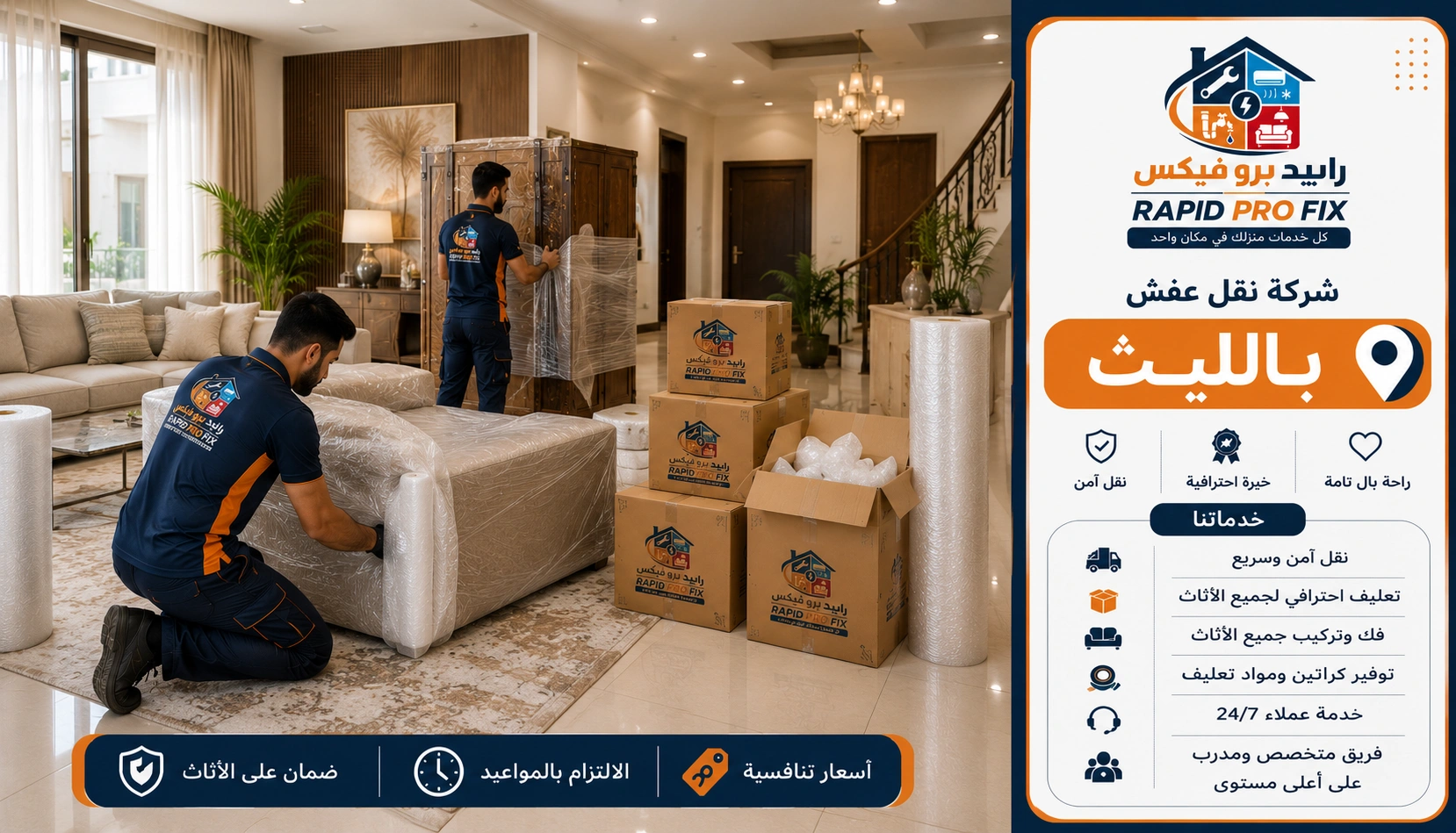 خدمات تغليف الأثاث بالليث باستخدام مواد حماية عالية الجودة للحفاظ على الأثاث والأجهزة المنزلية والمقتنيات الحساسة أثناء النقل والتركيب.