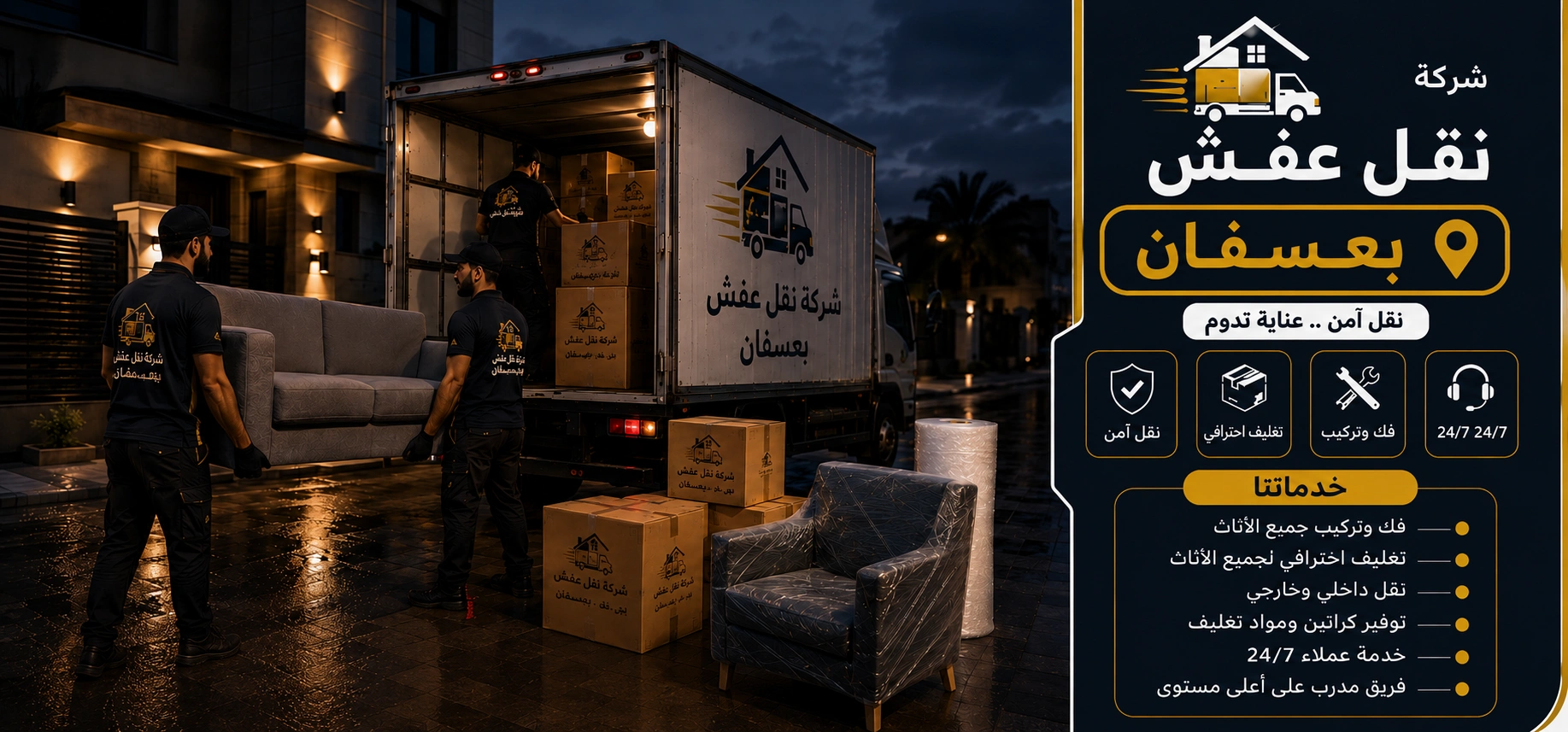 شركة نقل عفش بعسفان تقدم خدمات متكاملة لنقل الأثاث السكني والتجاري مع التغليف الاحترافي والفك والتركيب ونقل الشقق والفلل والمكاتب بواسطة فرق متخصصة وسيارات مجهزة للحفاظ على جميع المنقولات.