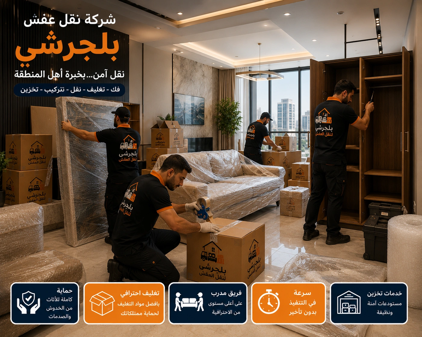 خدمات تغليف الأثاث ببلجرشي باستخدام مواد حماية عالية الجودة للحفاظ على الأثاث والأجهزة المنزلية والمقتنيات الحساسة أثناء النقل والتركيب.