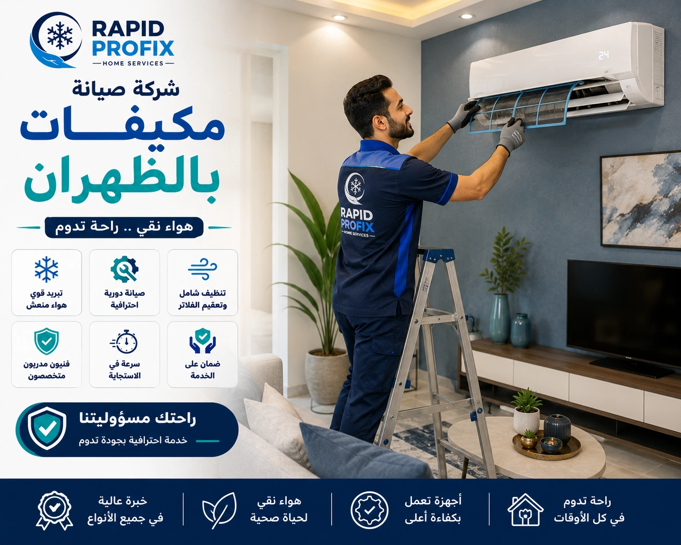 شركة صيانة مكيفات بالظهران متخصصة في تنظيف وغسيل وتعقيم المكيفات وإزالة الأتربة والرواسب وتحسين جودة الهواء.