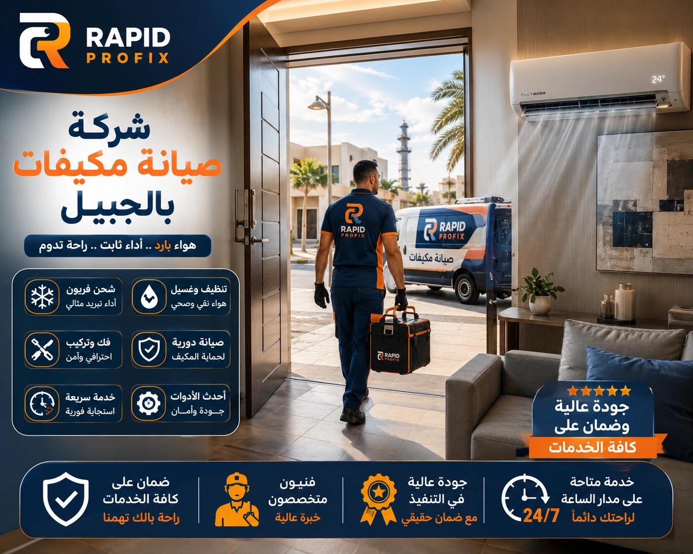 شركة صيانة مكيفات بالجبيل تقدم خدمات فك وتركيب ونقل وإصلاح جميع أنواع المكيفات مع اختبار التشغيل بعد الصيانة.