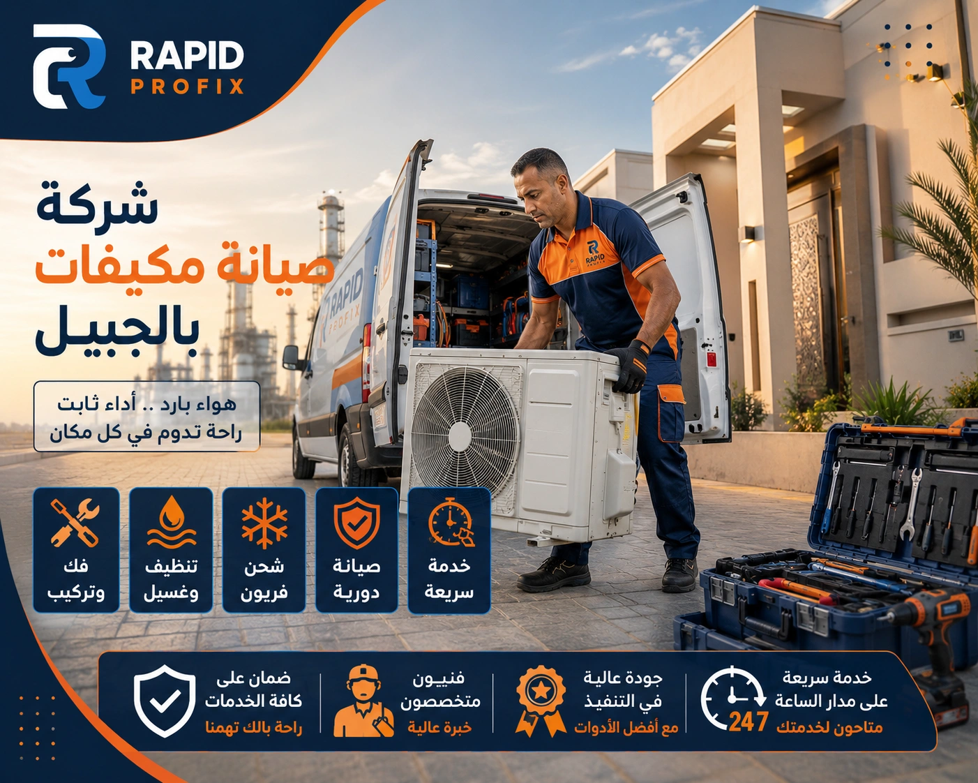 أفضل شركة صيانة مكيفات بالجبيل تقدم خدمات صيانة وإصلاح وتنظيف وغسيل وشحن فريون لجميع أنواع المكيفات المنزلية والتجارية.