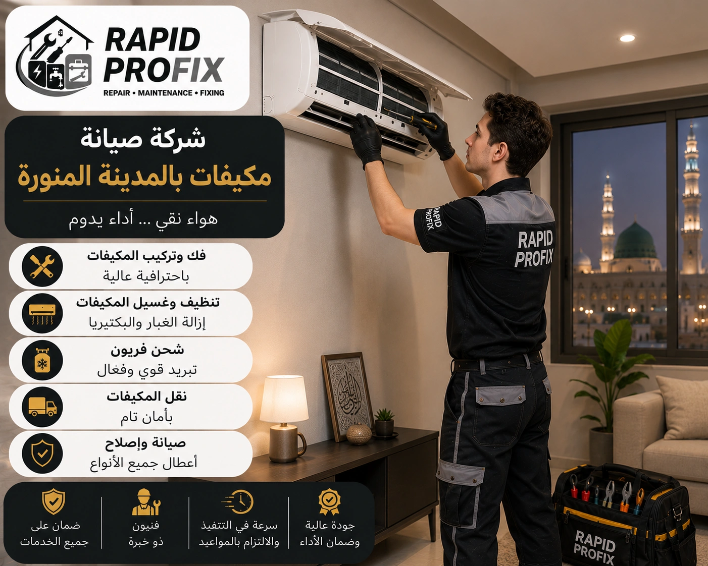 شركة صيانة مكيفات بالمدينة المنورة متخصصة في تنظيف وغسيل وتعقيم المكيفات وإزالة الأتربة والرواسب وتحسين جودة الهواء.