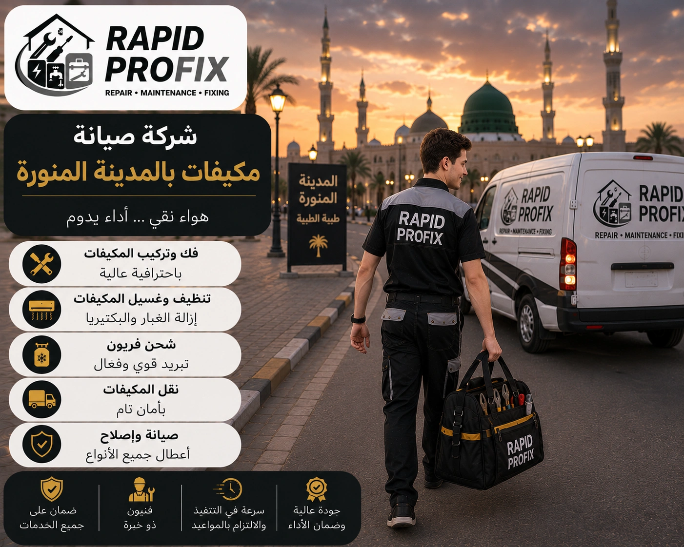 شركة صيانة مكيفات بالمدينة المنورة تقدم خدمات فك وتركيب ونقل وإصلاح جميع أنواع المكيفات مع اختبار التشغيل بعد الصيانة.