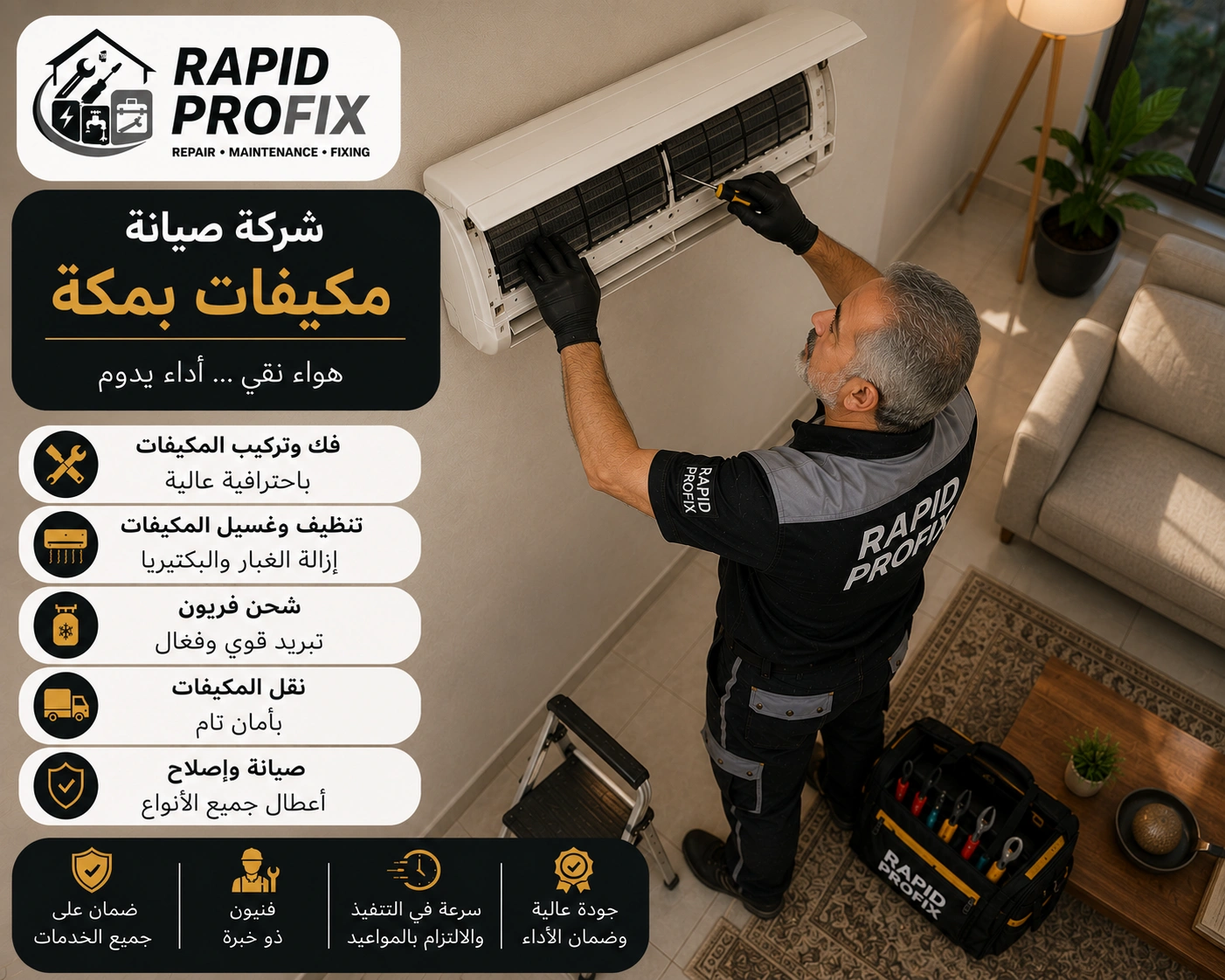شركة صيانة مكيفات بمكة متخصصة في تنظيف وغسيل وتعقيم المكيفات وإزالة الأتربة والرواسب وتحسين جودة الهواء.