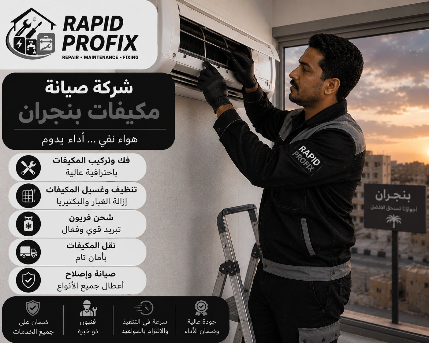 شركة صيانة مكيفات بنجران متخصصة في تنظيف وغسيل وتعقيم المكيفات وإزالة الأتربة والرواسب وتحسين جودة الهواء.