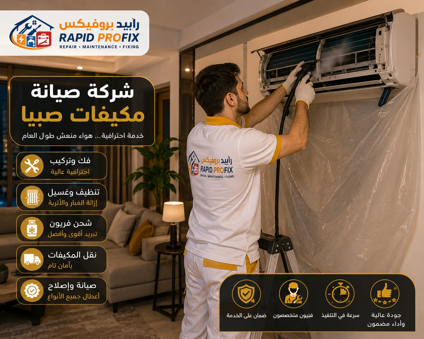 شركة صيانة مكيفات صبيا متخصصة في تنظيف وغسيل وتعقيم المكيفات وإزالة الأتربة والرواسب وتحسين جودة الهواء.