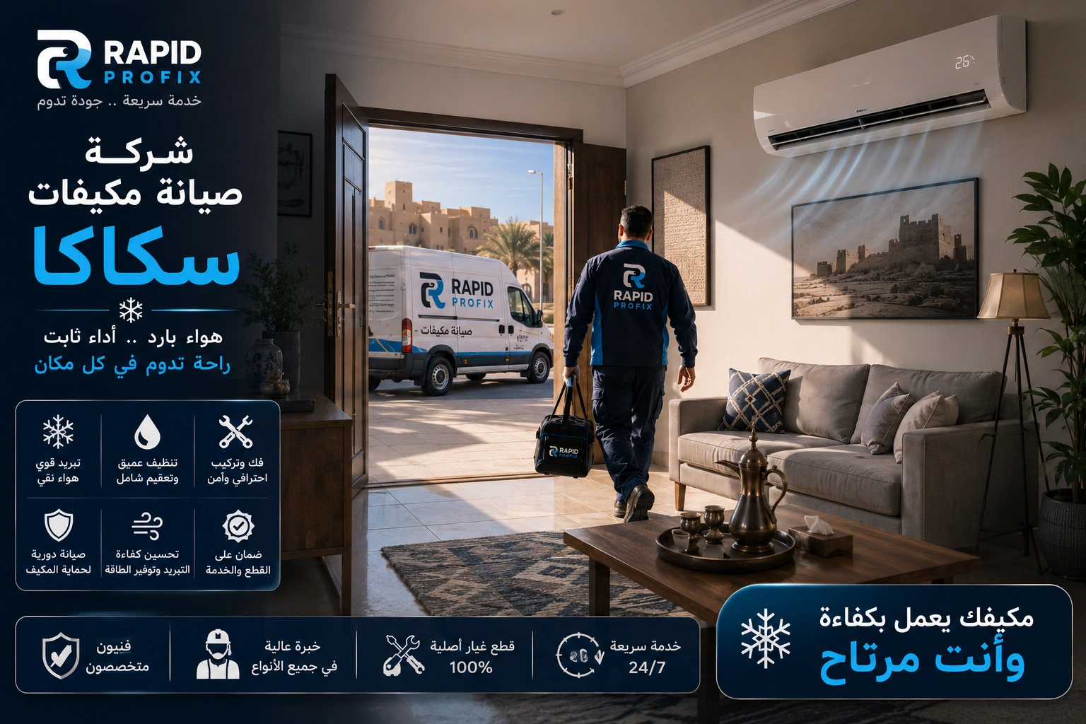 شركة صيانة مكيفات سكاكا تقدم خدمات فك وتركيب ونقل وإصلاح جميع أنواع المكيفات مع اختبار التشغيل بعد الصيانة.
