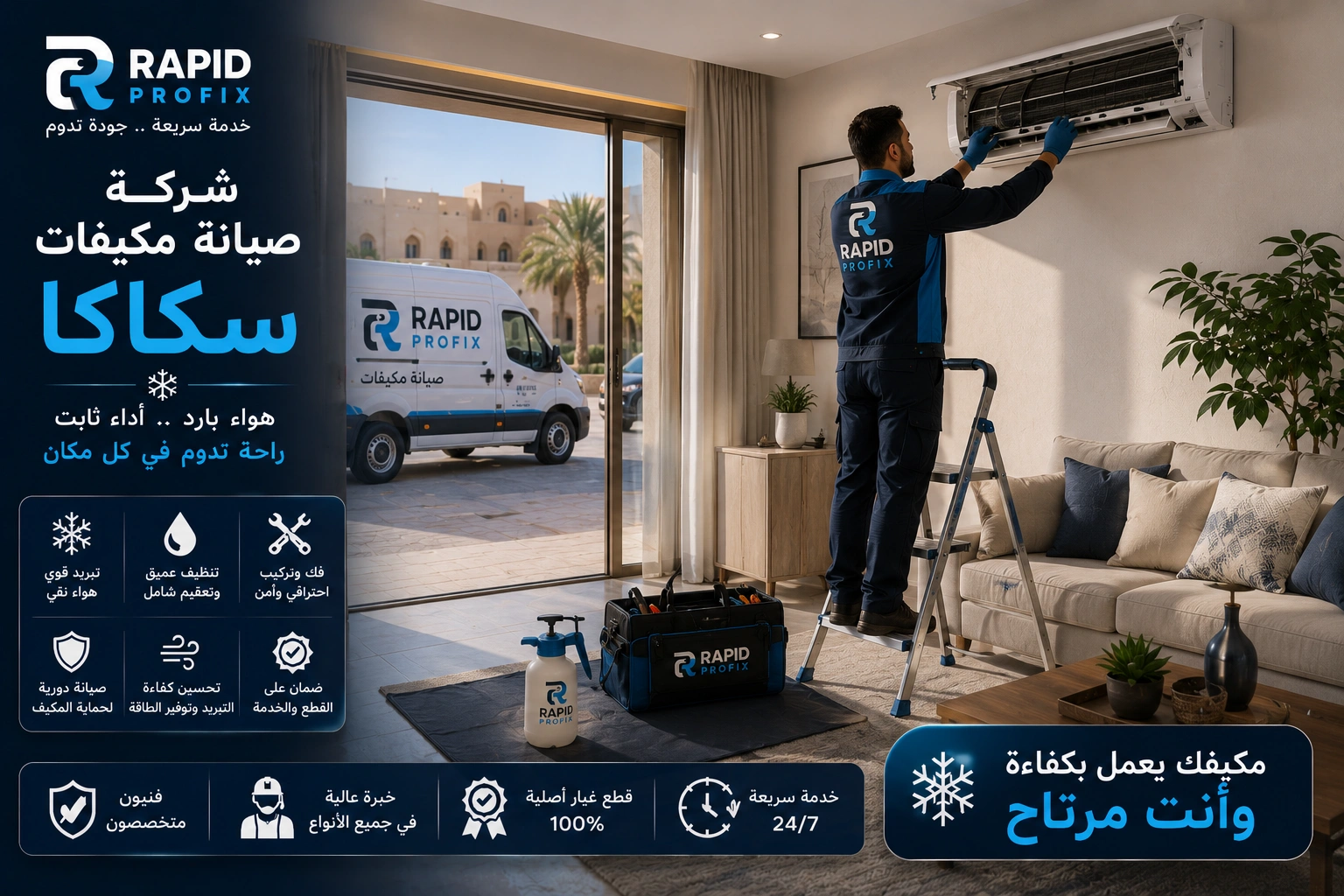 شركة صيانة مكيفات سكاكا متخصصة في تنظيف وغسيل وتعقيم المكيفات وإزالة الأتربة والرواسب وتحسين جودة الهواء.
