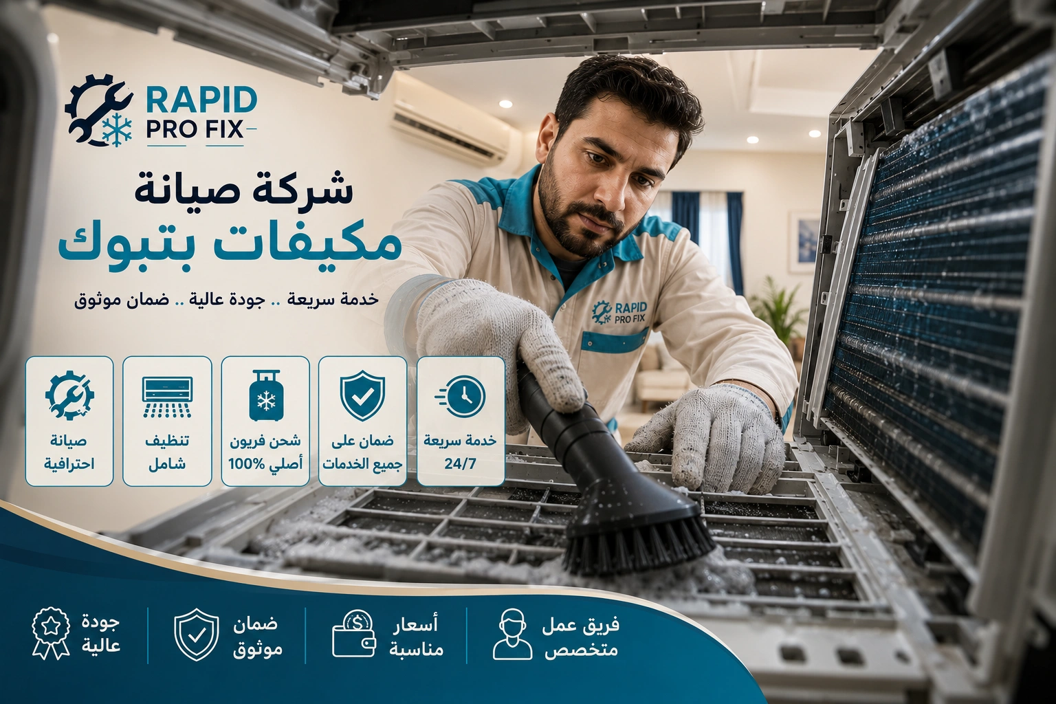 شركة صيانة مكيفات بتبوك متخصصة في تنظيف وغسيل وتعقيم المكيفات وإزالة الأتربة والرواسب وتحسين جودة الهواء.