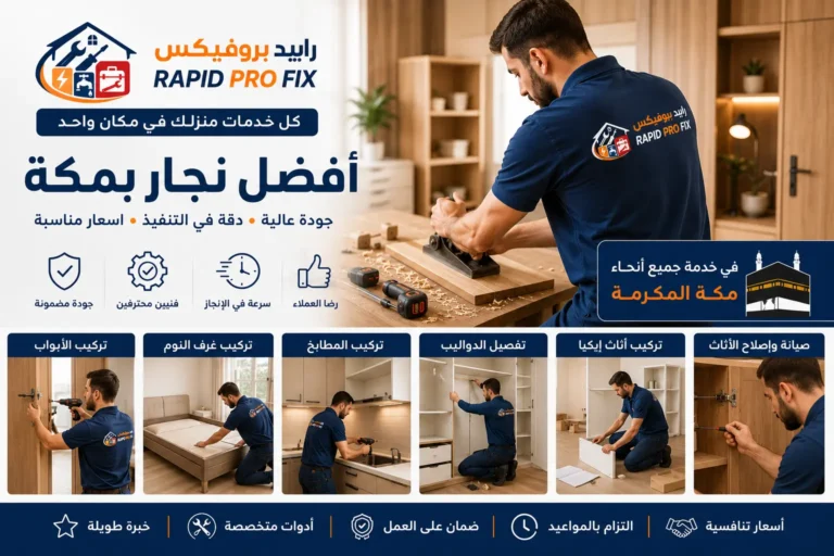 أفضل نجار بمكة يقدم خدمات تركيب الأبواب وغرف النوم وأثاث إيكيا وتفصيل الدواليب وصيانة المطابخ وإصلاح الأثاث الخشبي باحترافية.