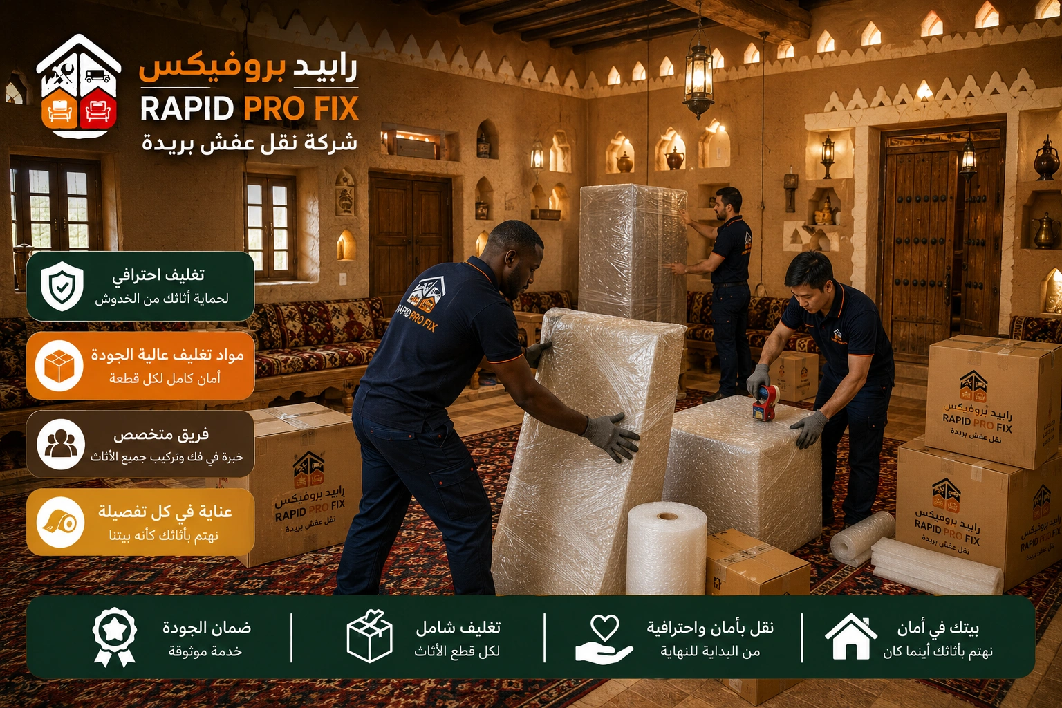 خدمات تغليف الأثاث ببريدة باستخدام مواد حماية عالية الجودة للحفاظ على الأثاث والأجهزة المنزلية والمقتنيات الحساسة أثناء النقل والتركيب.
