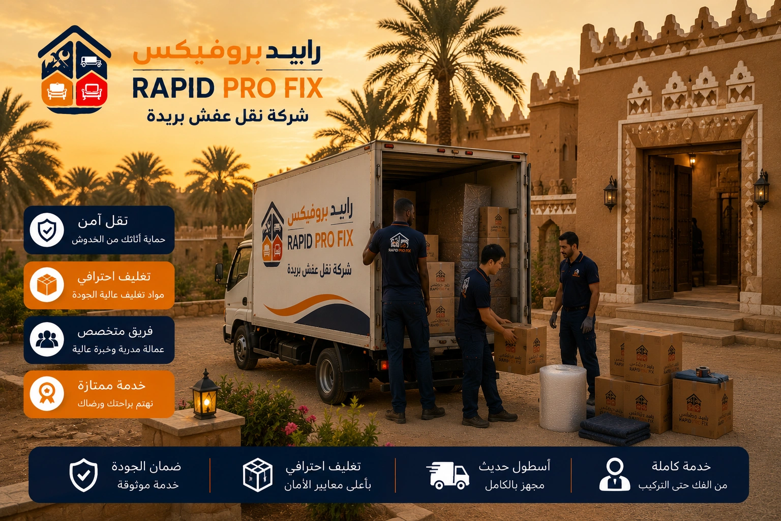 شركة نقل عفش ببريدة تقدم خدمات متكاملة لنقل الأثاث السكني والتجاري مع التغليف الاحترافي والفك والتركيب ونقل الشقق والفلل والمكاتب بواسطة فرق متخصصة وسيارات مجهزة للحفاظ على جميع المنقولات.