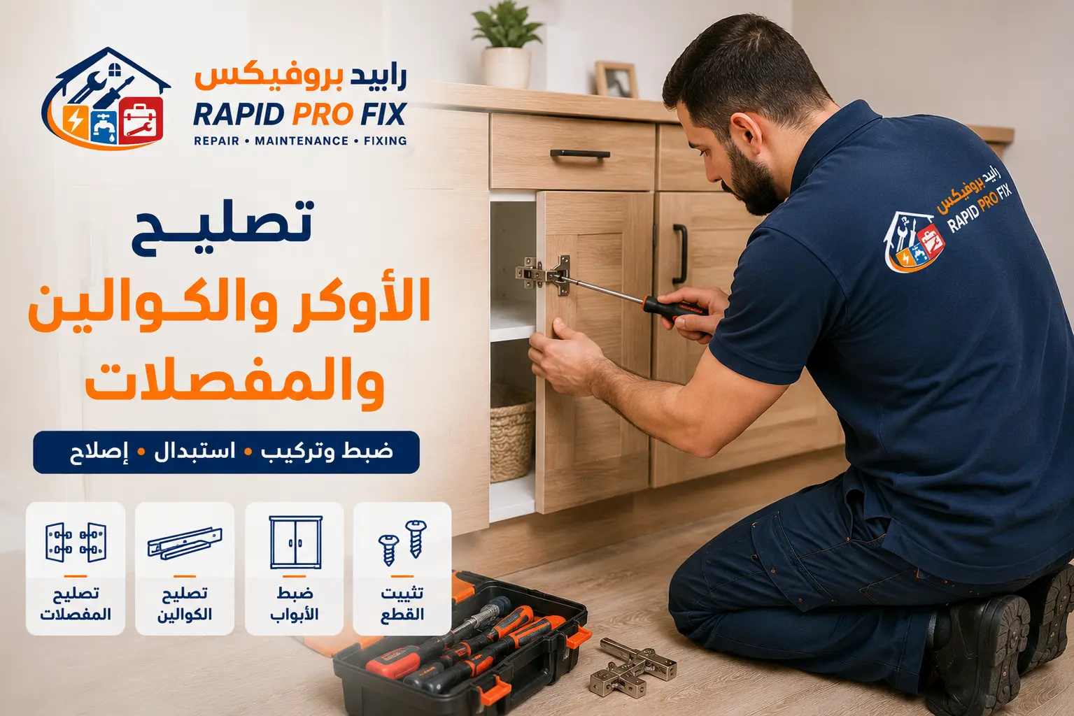 نجار محترف من Rapid ProFix يقوم بإصلاح مفصلات باب خزانة خشبية وضبط الأوكر والكوالين داخل منزل في مكة