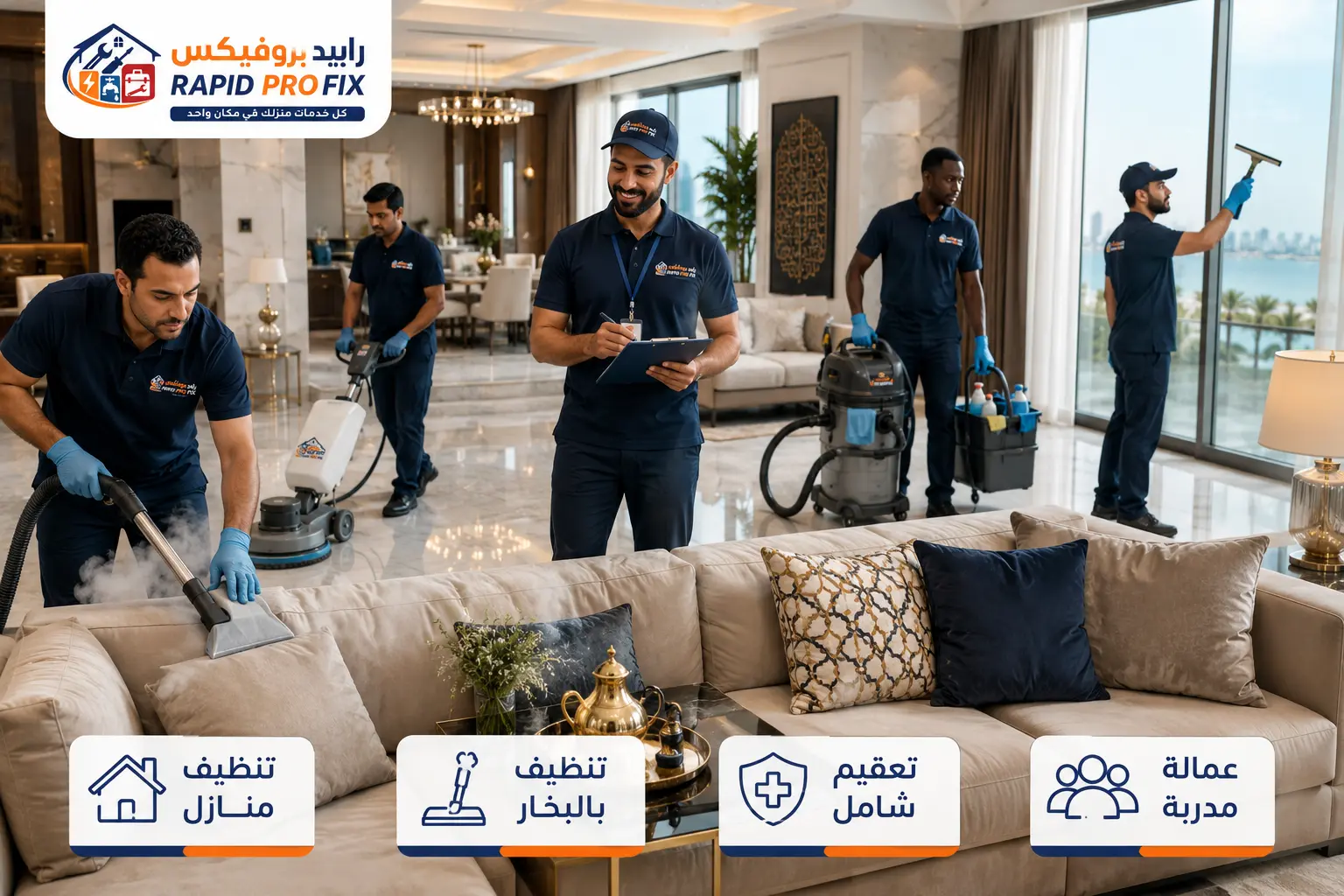 شركة تنظيف بجدة تقدم خدمات تنظيف المنازل والفلل والكنب بالبخار والتعقيم الشامل مع فريق مدرب من رابيد بروفيكس.