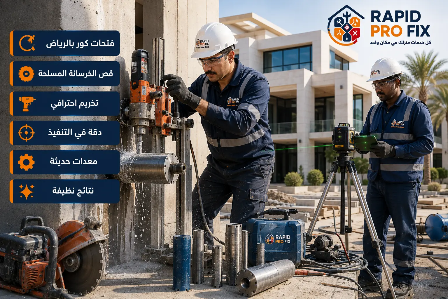فتحات كور وقص الخرسانة بالرياض بأحدث المعدات ودقة تنفيذ عالية من Rapid Pro Fix.