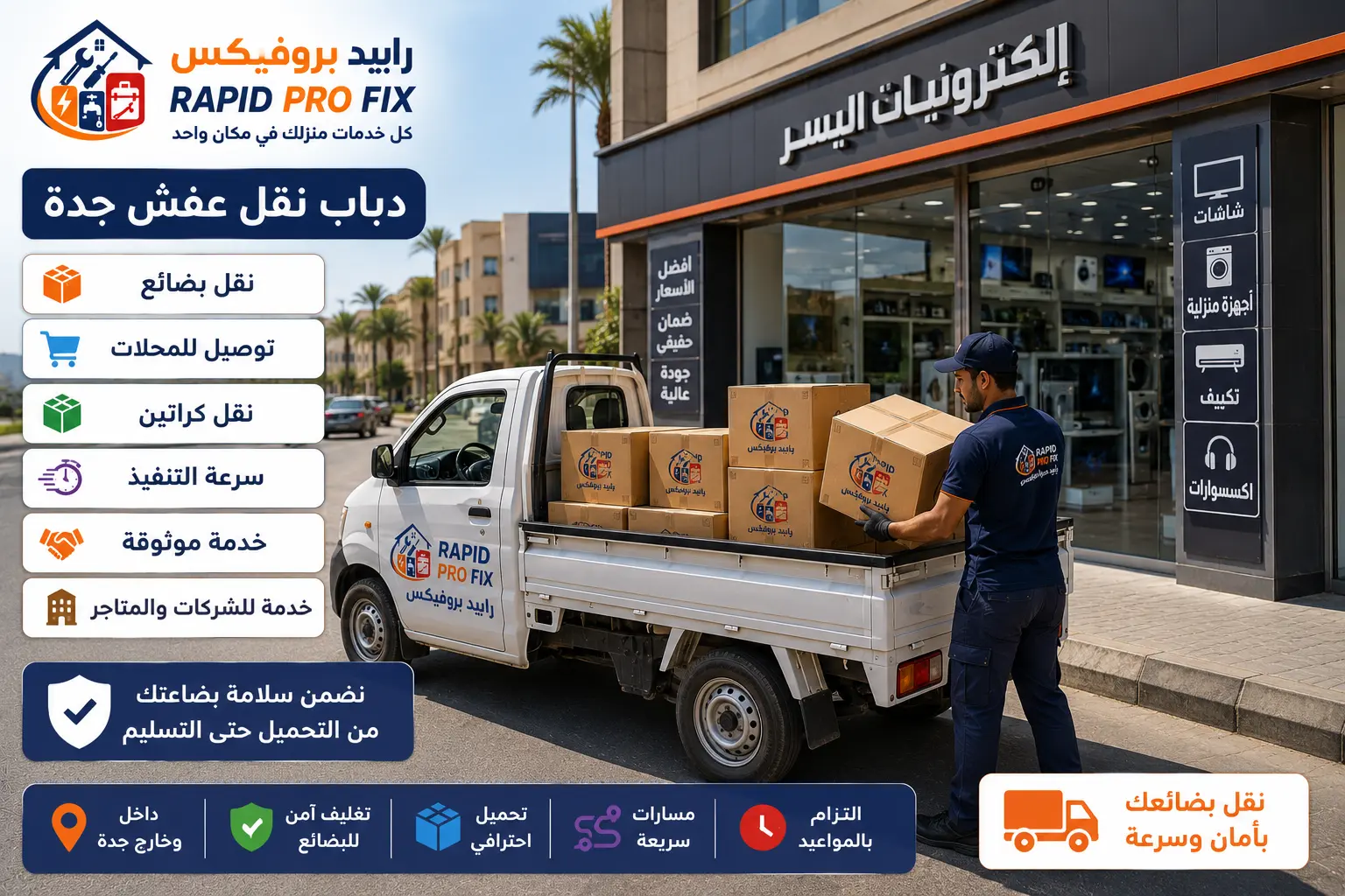 خدمة دباب نقل عفش جدة من Rapid Pro Fix لنقل البضائع والكراتين والأجهزة وتوصيل طلبات المحلات والشركات بسرعة وأمان داخل جدة وخارجها.