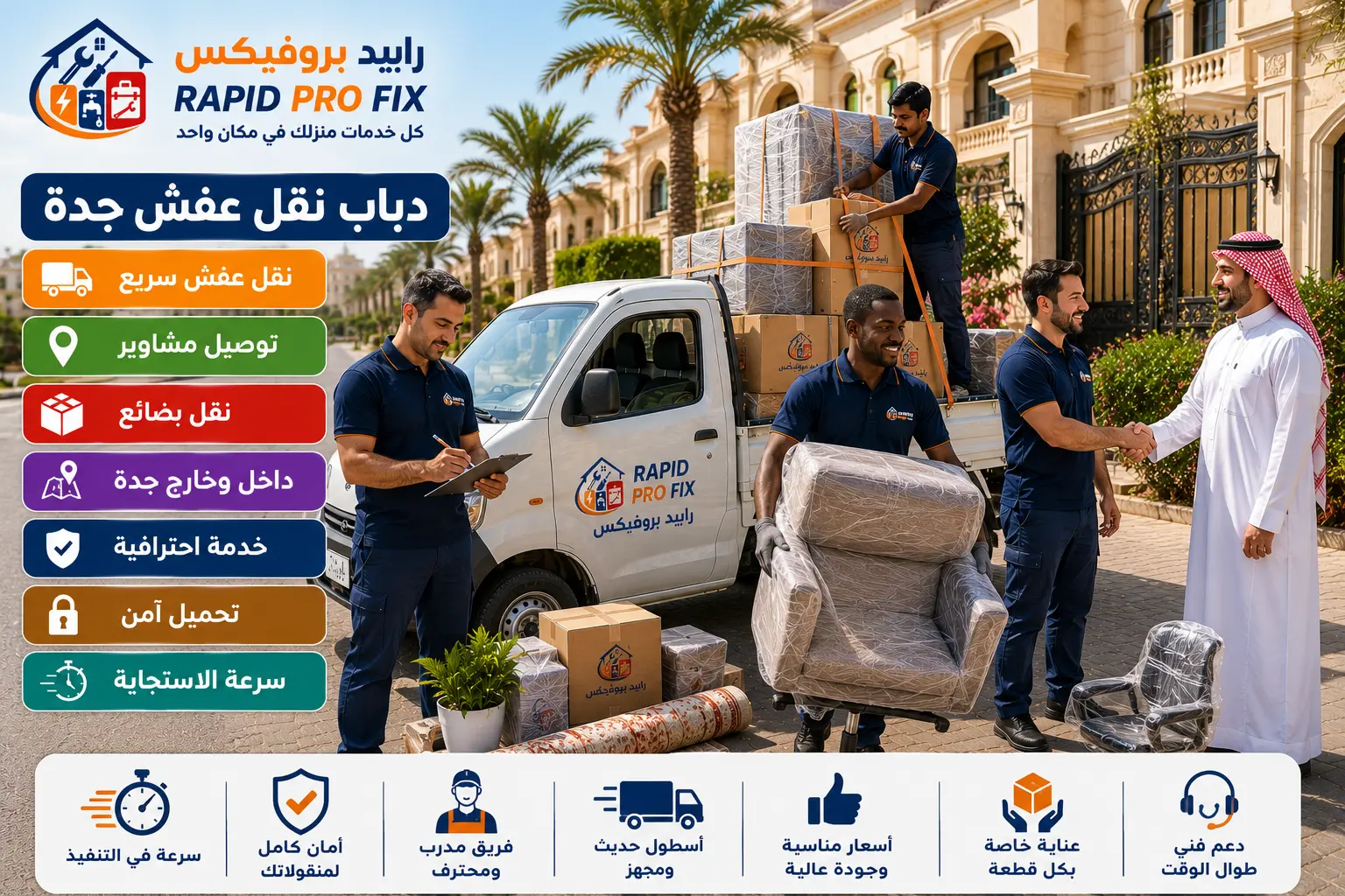 كل خدمات الدباب من Rapid Pro Fix في مكان واحد، وتشمل دباب نقل عفش جدة، توصيل المشاوير، نقل البضائع، نقل الطلبات والطرود، ونقل الأمتعة داخل جدة وخارجها بسرعة واحترافية.