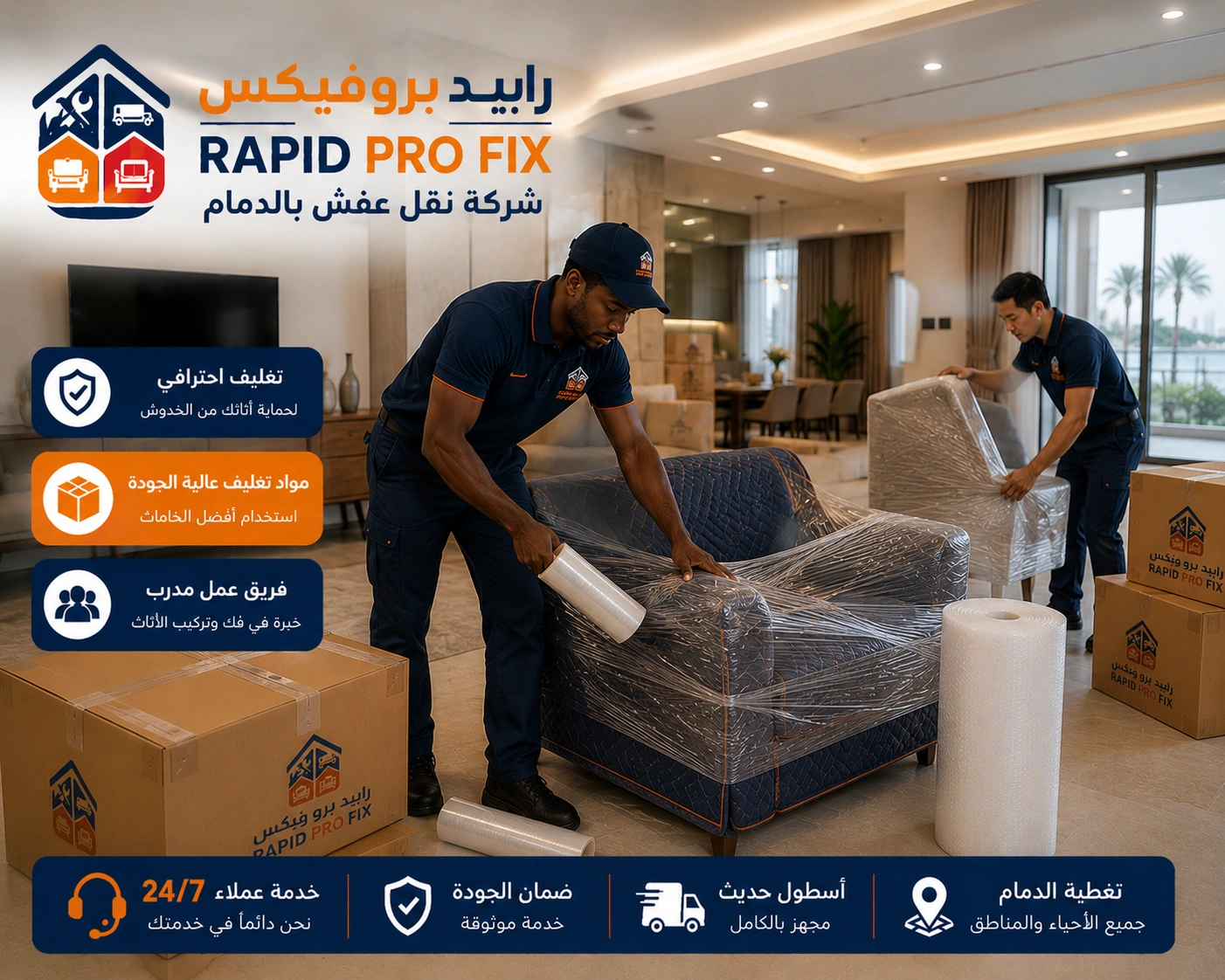 خدمات تغليف الأثاث بالدمام باستخدام مواد حماية عالية الجودة للحفاظ على الأثاث والأجهزة المنزلية والمقتنيات الحساسة أثناء النقل والتركيب.