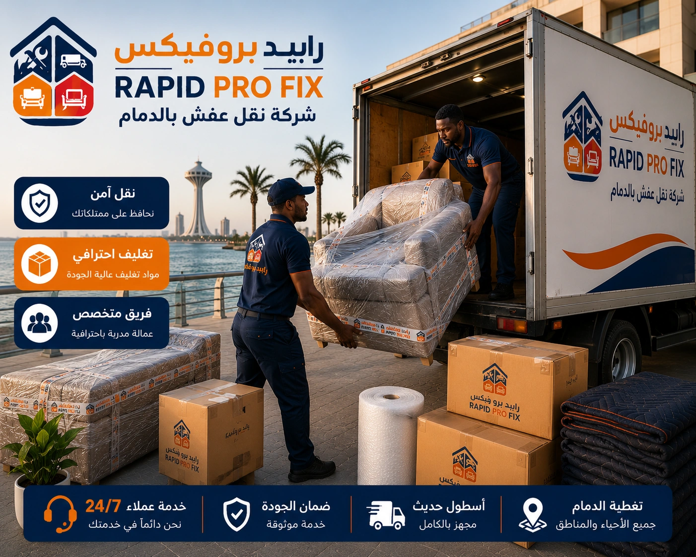 شركة نقل عفش بالدمام تقدم خدمات متكاملة لنقل الأثاث السكني والتجاري مع التغليف الاحترافي والفك والتركيب ونقل الشقق والفلل والمكاتب بواسطة فرق متخصصة وسيارات مجهزة للحفاظ على جميع المنقولات.