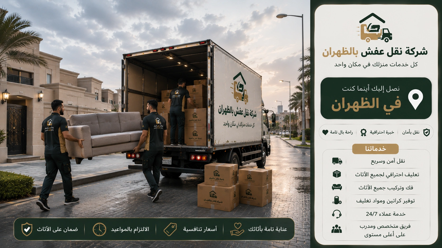 شركة نقل عفش بالظهران تقدم خدمات متكاملة لنقل الأثاث السكني والتجاري مع التغليف الاحترافي والفك والتركيب ونقل الشقق والفلل والمكاتب بواسطة فرق متخصصة وسيارات مجهزة للحفاظ على جميع المنقولات.