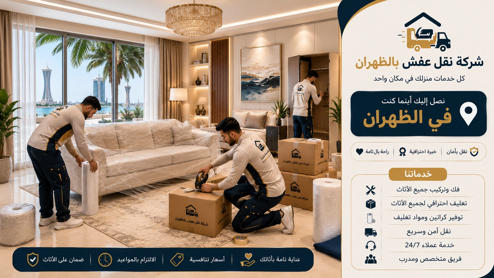 خدمات تغليف الأثاث بالظهران باستخدام مواد حماية عالية الجودة للحفاظ على الأثاث والأجهزة المنزلية والمقتنيات الحساسة أثناء النقل والتركيب.