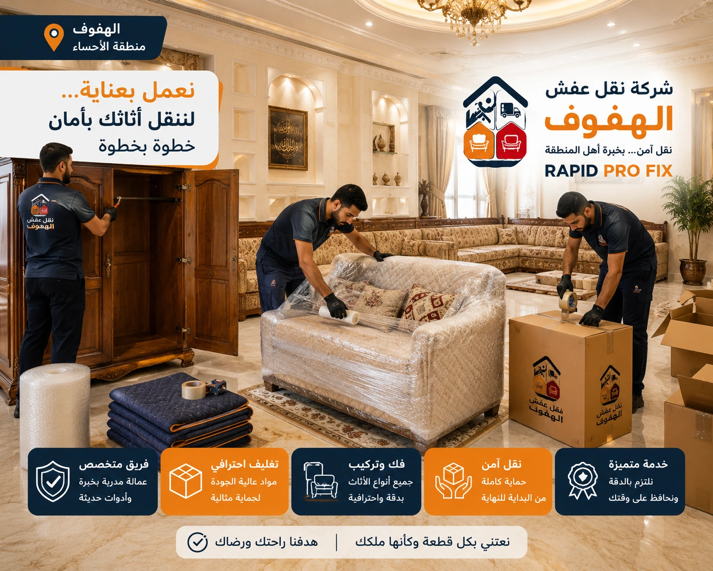 خدمات تغليف الأثاث بالهفوف باستخدام مواد حماية عالية الجودة للحفاظ على الأثاث والأجهزة المنزلية والمقتنيات الحساسة أثناء النقل والتركيب.