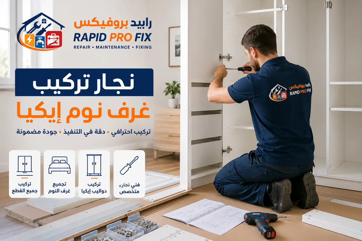 نجار محترف في مكة يقوم بتركيب غرفة نوم إيكيا وتجميع الدولاب الخشبي بدقة داخل منزل حديث ضمن خدمات Rapid ProFix