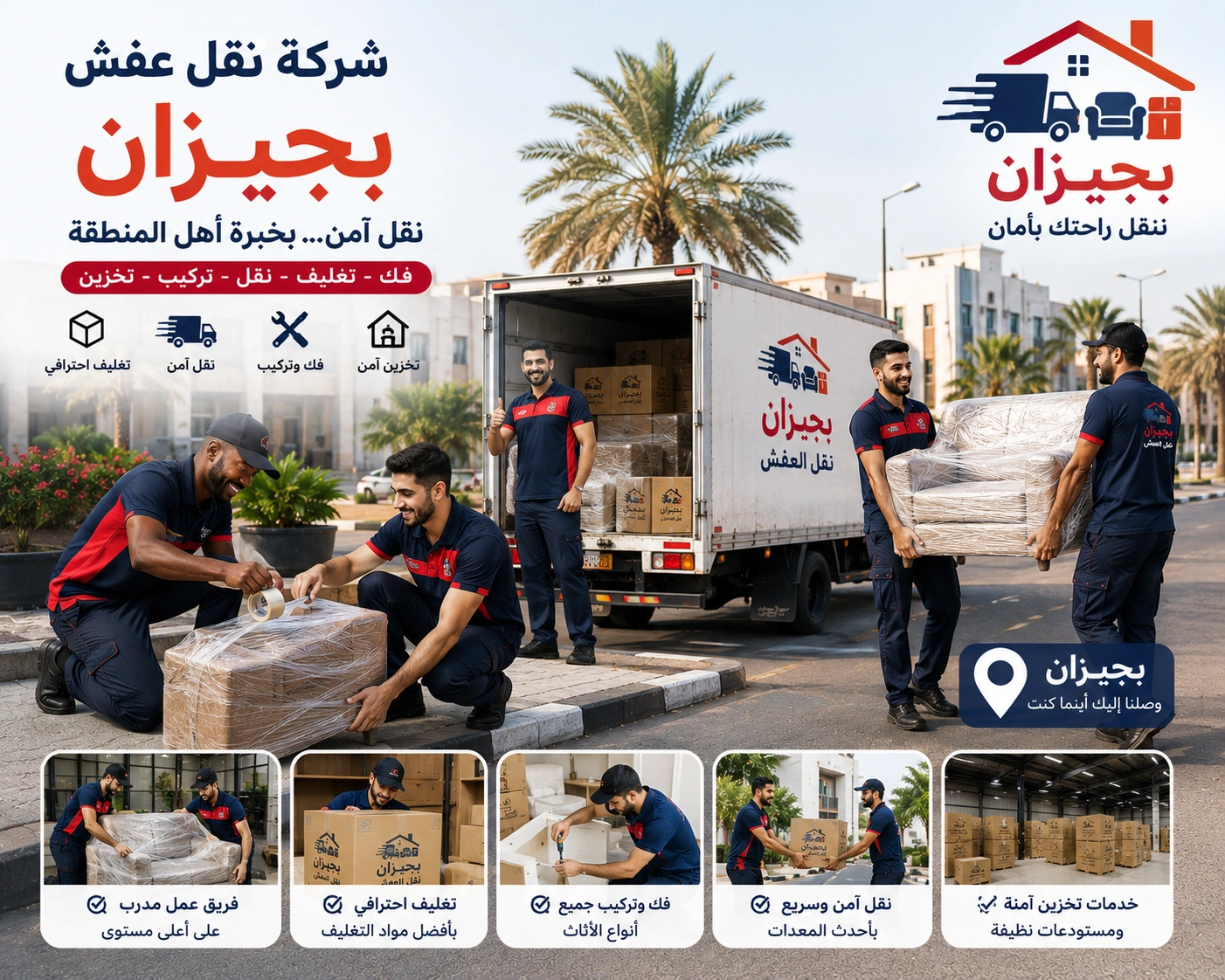 شركة نقل عفش بجيزان تقدم خدمات متكاملة لنقل الأثاث السكني والتجاري مع التغليف الاحترافي والفك والتركيب ونقل الشقق والفلل والمكاتب بواسطة فرق متخصصة وسيارات مجهزة للحفاظ على جميع المنقولات.