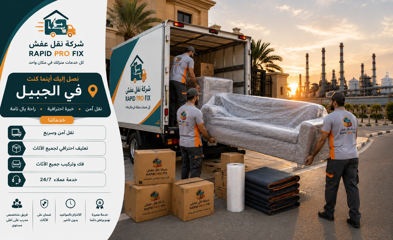 شركة نقل عفش بالجبيل تقدم خدمات متكاملة لنقل الأثاث السكني والتجاري مع التغليف الاحترافي والفك والتركيب ونقل الشقق والفلل والمكاتب بواسطة فرق متخصصة وسيارات مجهزة للحفاظ على جميع المنقولات.