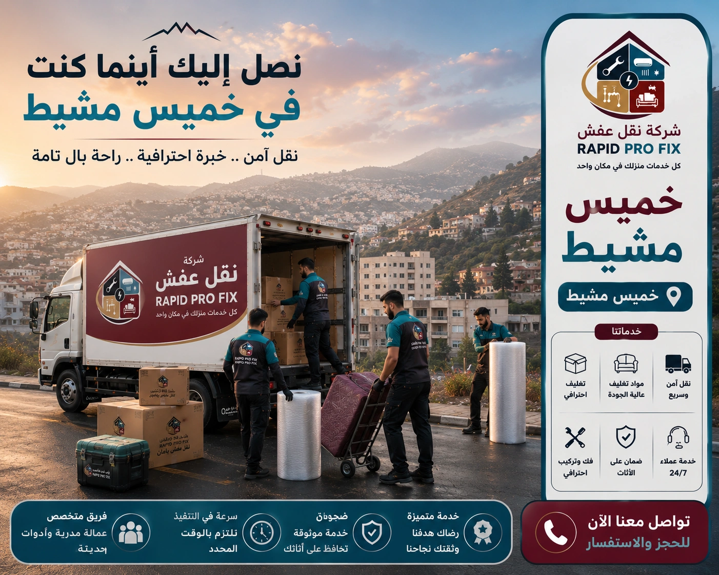 شركة نقل عفش بخميس مشيط تقدم خدمات متكاملة لنقل الأثاث السكني والتجاري مع التغليف الاحترافي والفك والتركيب ونقل الشقق والفلل والمكاتب بواسطة فرق متخصصة وسيارات مجهزة للحفاظ على جميع المنقولات.