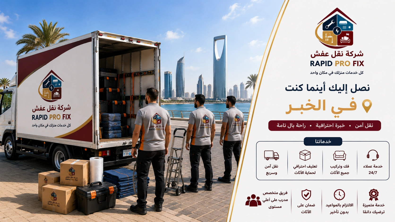 شركة نقل عفش بالخبر تقدم خدمات متكاملة لنقل الأثاث السكني والتجاري مع التغليف الاحترافي والفك والتركيب ونقل الشقق والفلل والمكاتب بواسطة فرق متخصصة وسيارات مجهزة للحفاظ على جميع المنقولات.