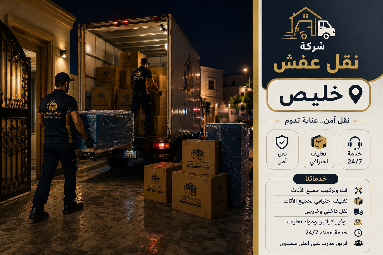 شركة نقل عفش بخليص تقدم خدمات متكاملة لنقل الأثاث السكني والتجاري مع التغليف الاحترافي والفك والتركيب ونقل الشقق والفلل والمكاتب بواسطة فرق متخصصة وسيارات مجهزة للحفاظ على جميع المنقولات.