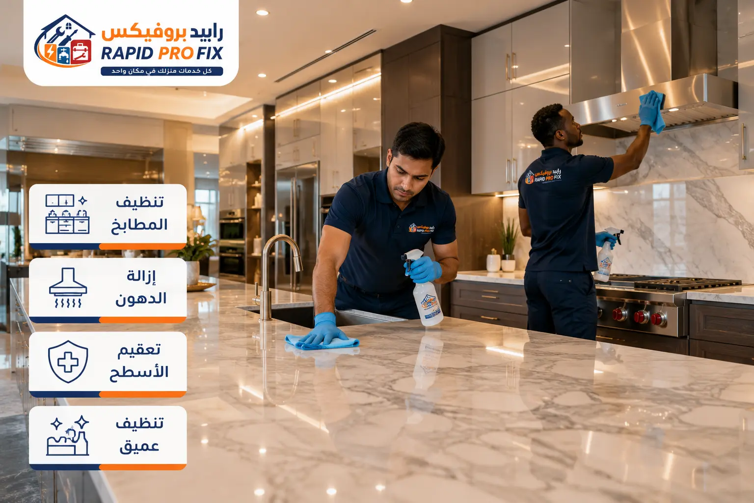شركة تنظيف مطابخ بجدة تقدم خدمات إزالة الدهون وتعقيم الأسطح وتنظيف الرخام والخزائن والشفاطات باحترافية من رابيد بروفيكس.