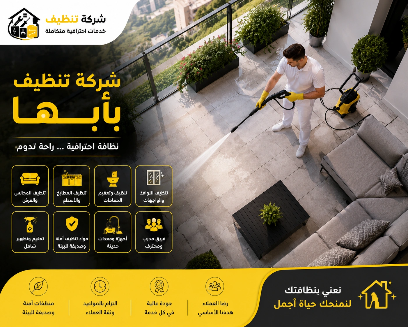 شركة تنظيف بأبها تقدم خدمات تنظيف احترافية للمنازل والفلل والشقق باستخدام أحدث معدات وتقنيات التنظيف.