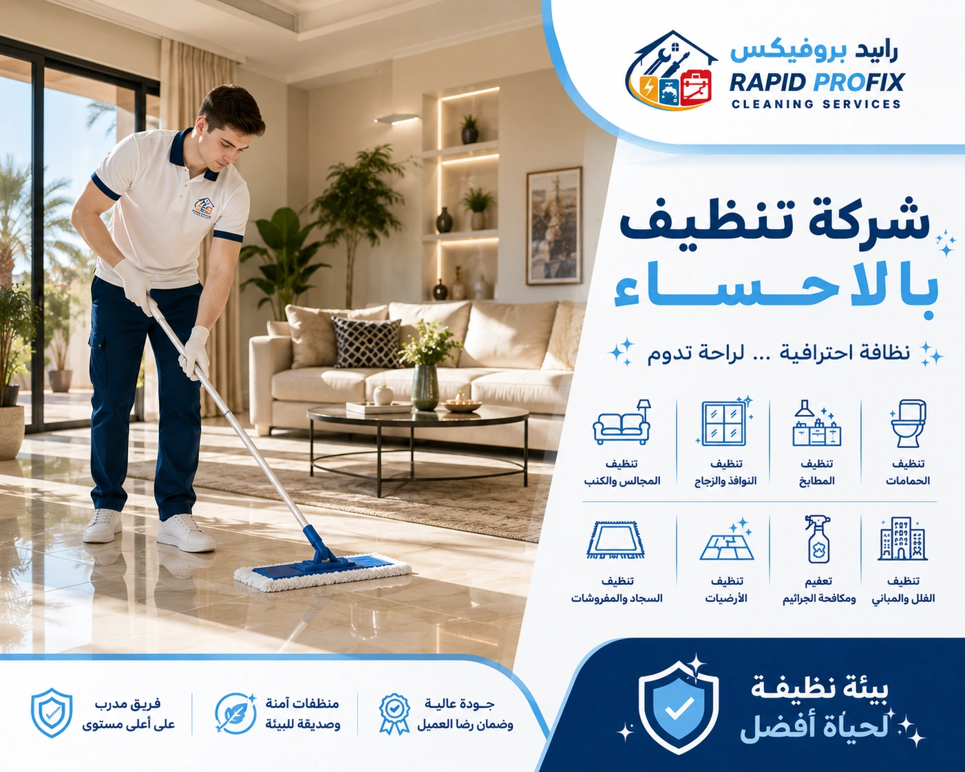 شركة تنظيف بالأحساء تقدم خدمات تنظيف احترافية للمنازل والفلل والشقق باستخدام أحدث معدات وتقنيات التنظيف.