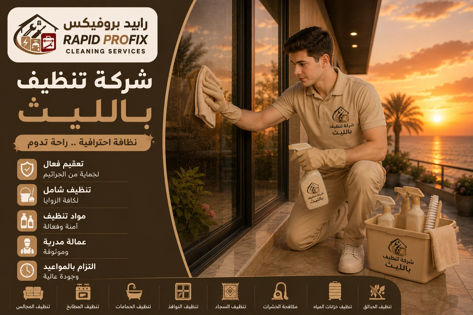 شركة تنظيف بالليث تقدم خدمات تنظيف احترافية للمنازل والفلل والشقق باستخدام أحدث معدات وتقنيات التنظيف.