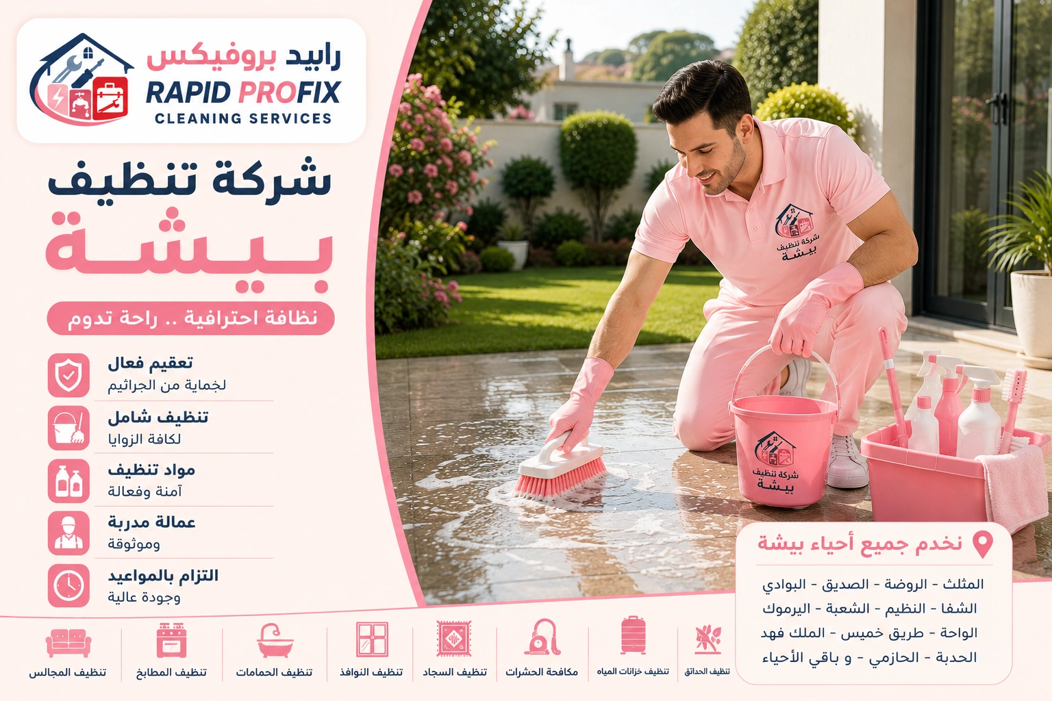 تنظيف الكنب والسجاد بالبخار في بيشة باستخدام أجهزة حديثة لإزالة البقع والروائح واستعادة نظافة المفروشات.