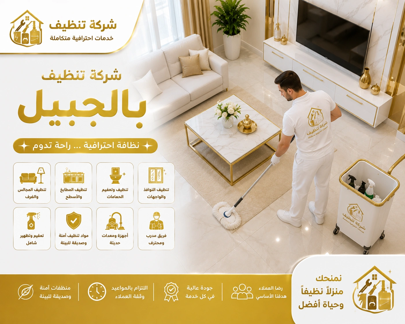 شركة تنظيف بالجبيل تقدم خدمات تنظيف احترافية للمنازل والفلل والشقق باستخدام أحدث معدات وتقنيات التنظيف.