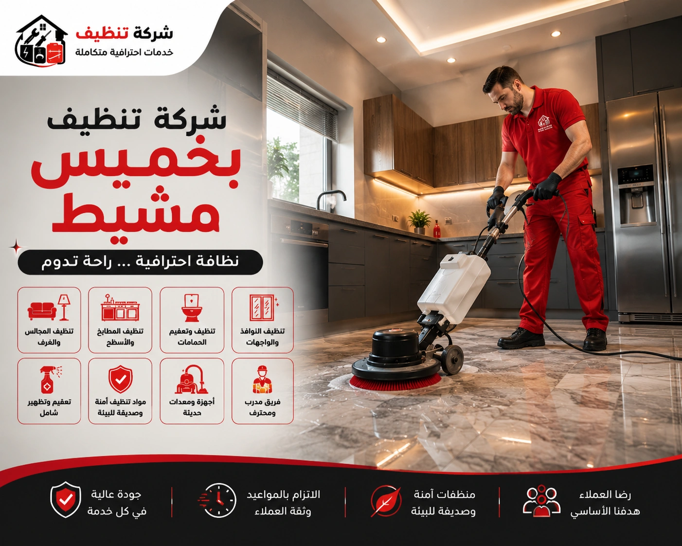 شركة تنظيف بخميس مشيط تقدم خدمات تنظيف احترافية للمنازل والفلل والشقق باستخدام أحدث معدات وتقنيات التنظيف.