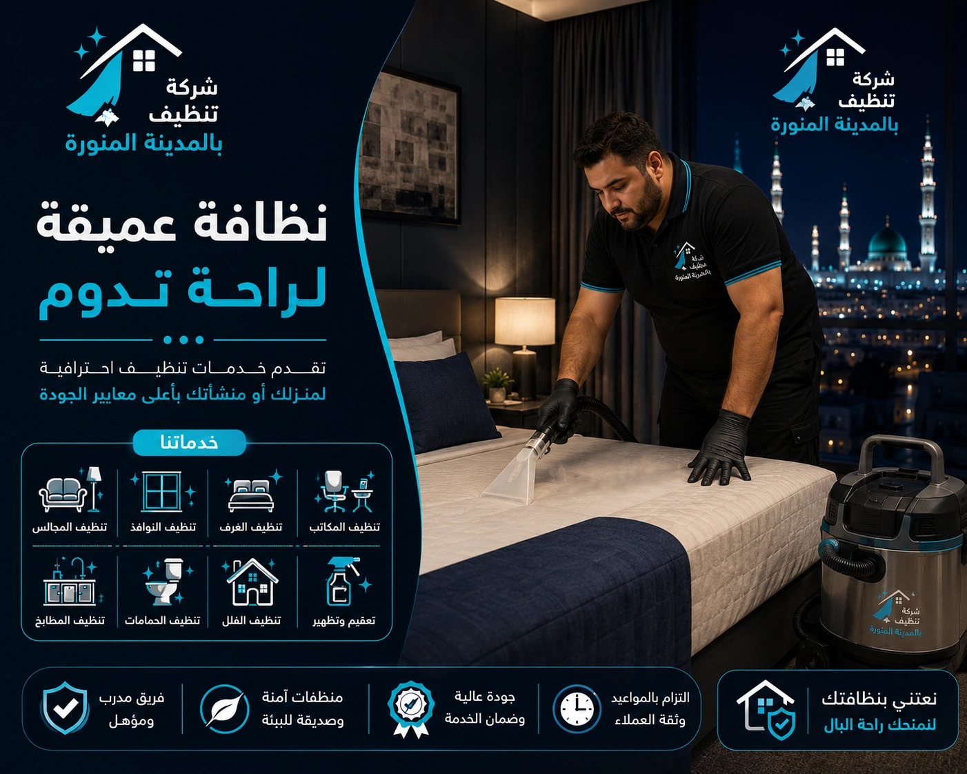 تنظيف الكنب والسجاد بالبخار في المدينة المنورة باستخدام أجهزة حديثة لإزالة البقع والروائح واستعادة نظافة المفروشات.