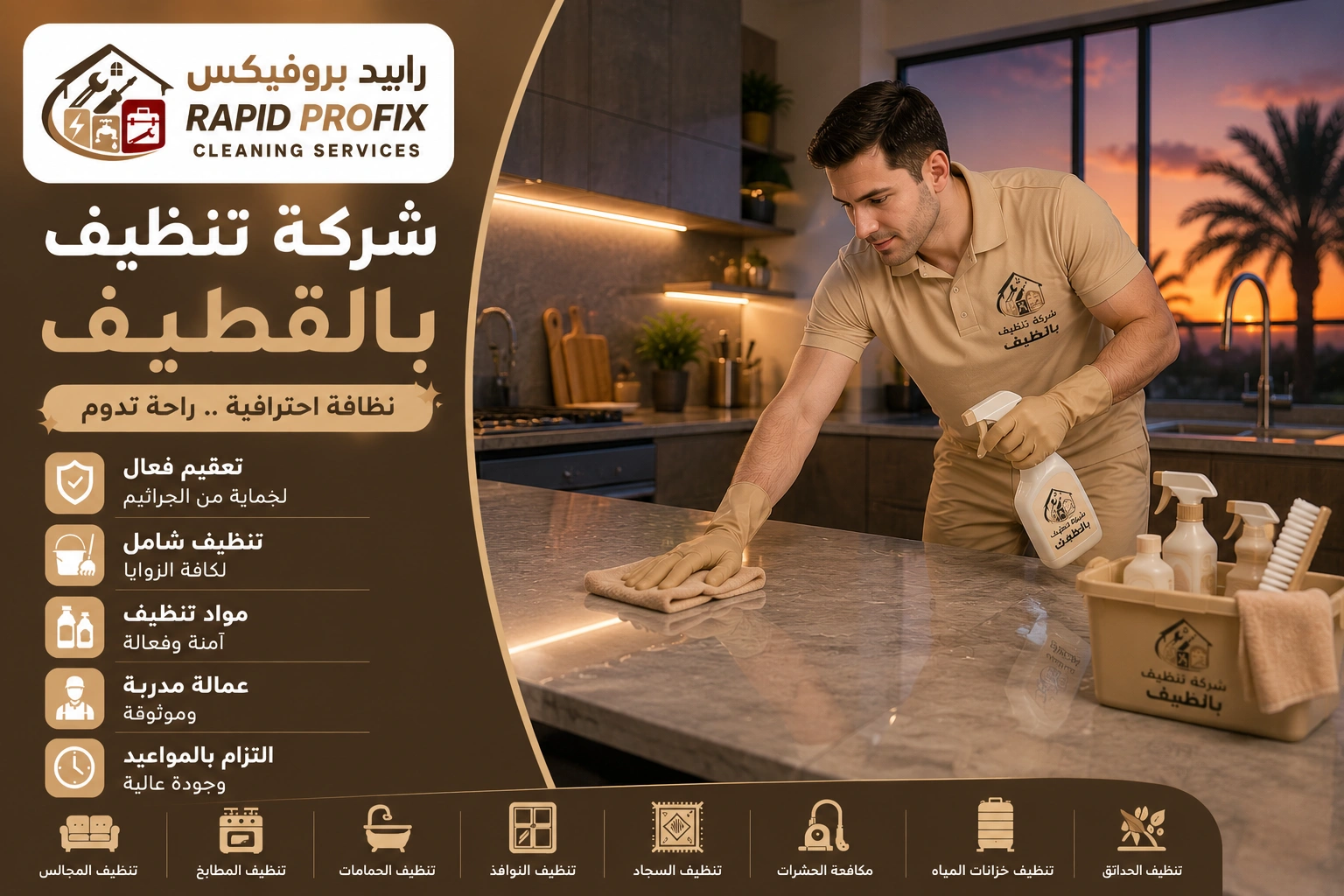 شركة تنظيف بالقطيف تقدم خدمات تنظيف احترافية للمنازل والفلل والشقق باستخدام أحدث معدات وتقنيات التنظيف.