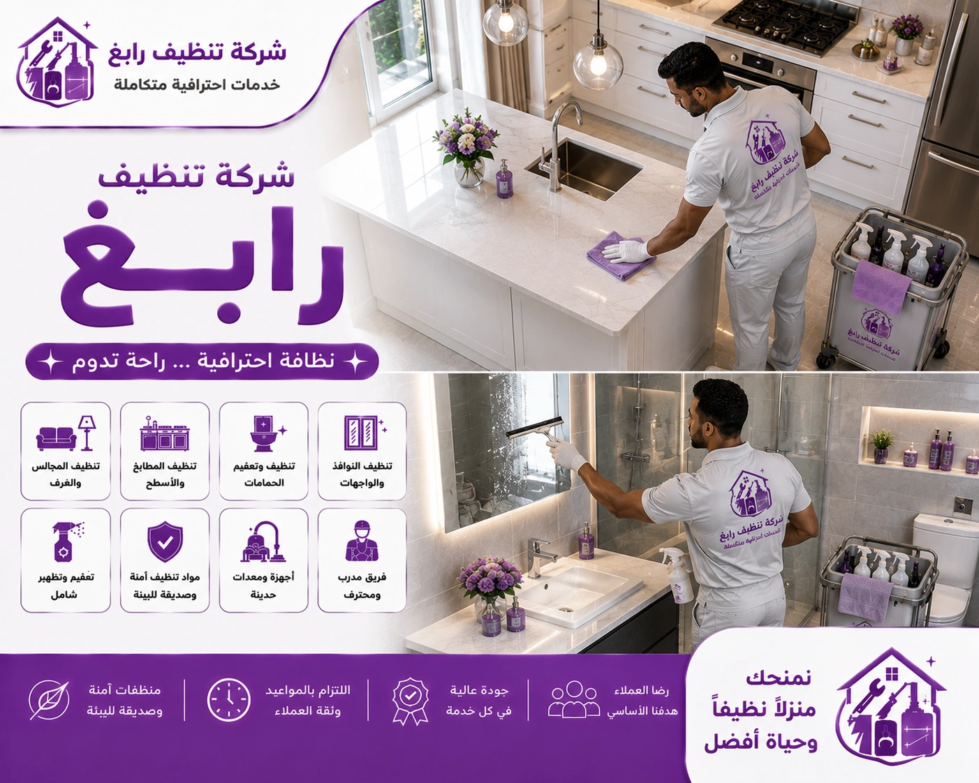 شركة تنظيف رابغ تقدم خدمات تنظيف احترافية للمنازل والفلل والشقق باستخدام أحدث معدات وتقنيات التنظيف.