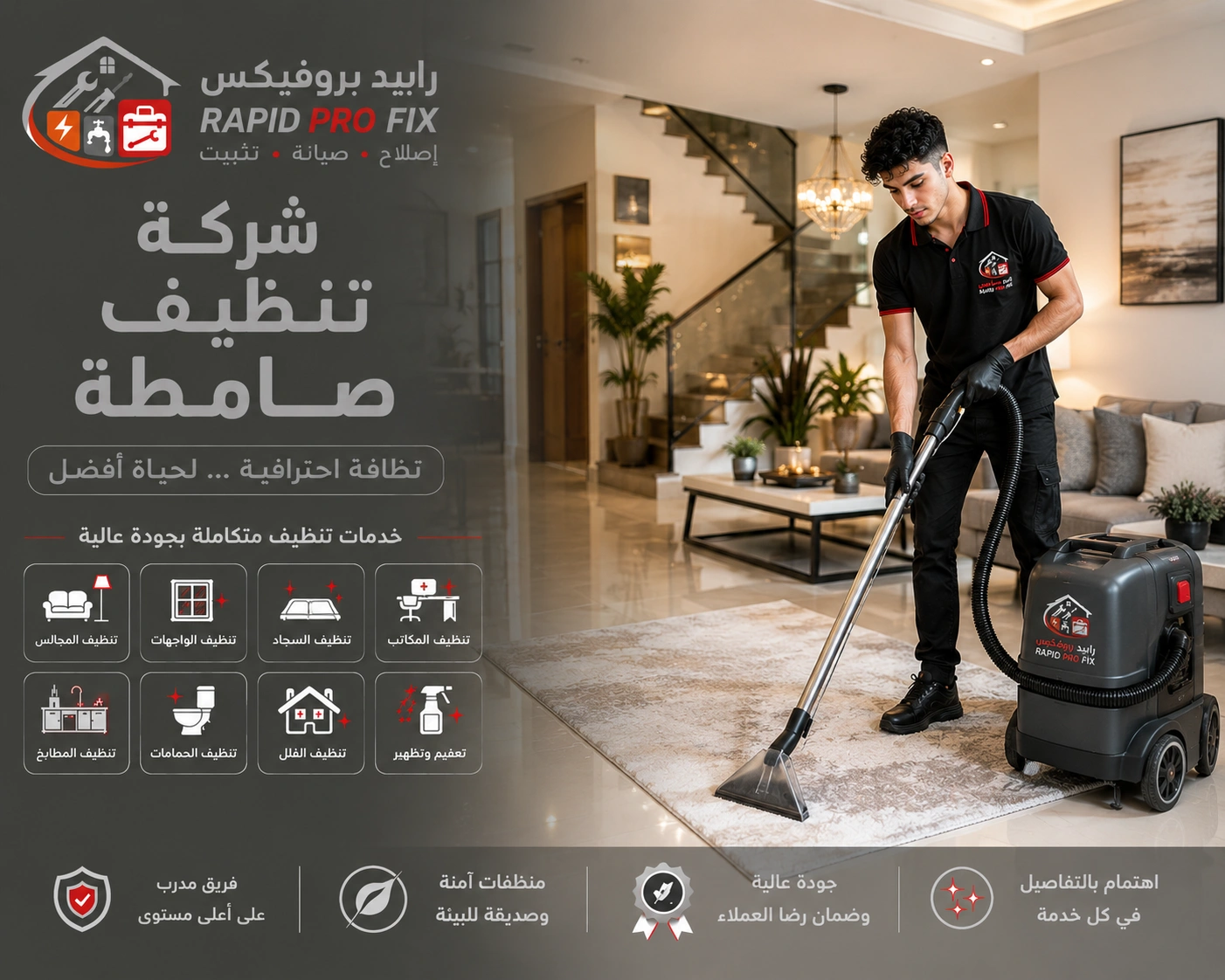شركة تنظيف صامطة تقدم تنظيف الأرضيات والرخام والسيراميك باستخدام معدات تنظيف احترافية وتقنيات حديثة.