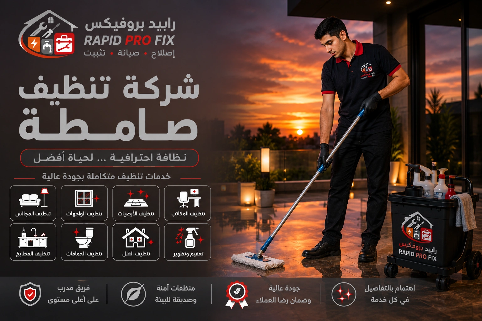 شركة تنظيف صامطة تقدم خدمات تنظيف احترافية للمنازل والفلل والشقق باستخدام أحدث معدات وتقنيات التنظيف.
